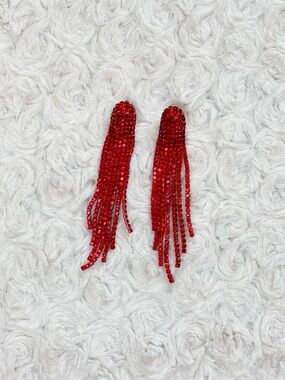 Red Rhinestone Fringe Earrings | Sparkly Tassel Dangle Earrings | Party Jewelry